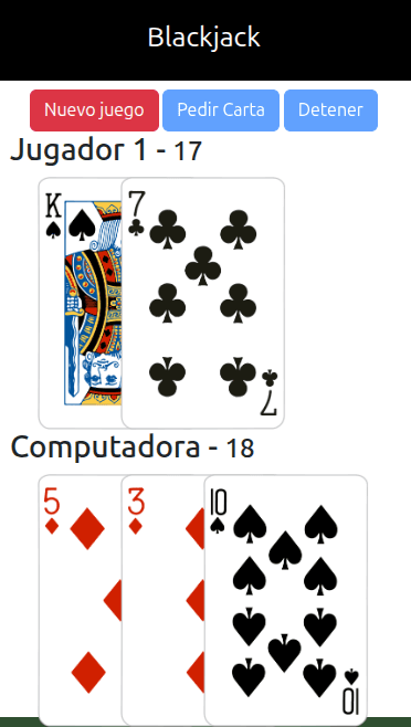 Screenshot of a Blackjack game with player and computer hands